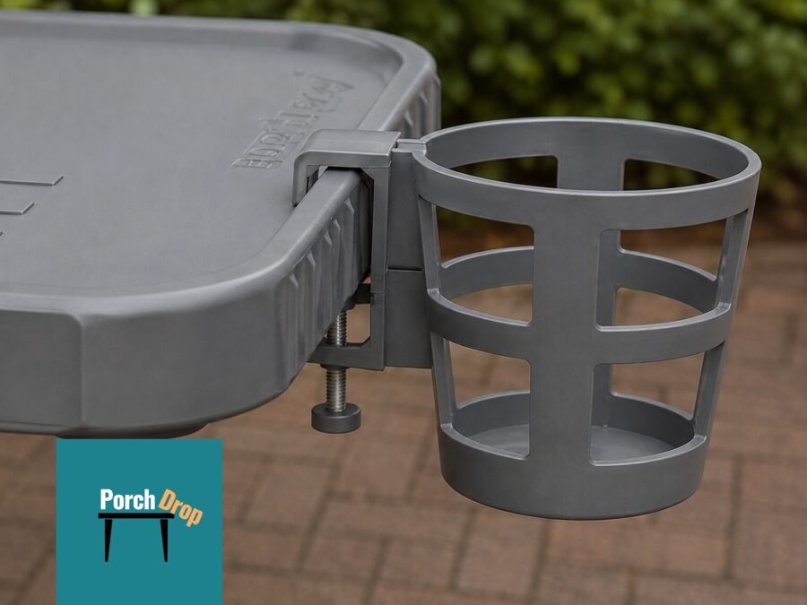 PorchDrop cupholder attachment, clamped to the table edge