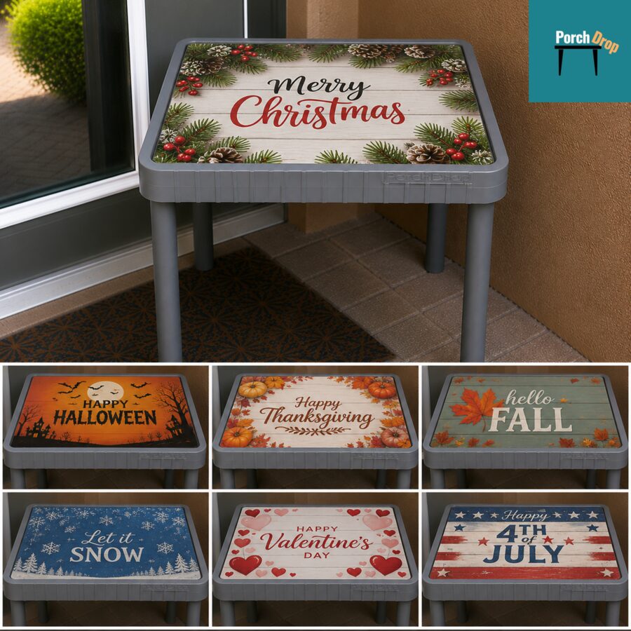 PorchDrop table with interchangeable holiday and seasonal top inserts