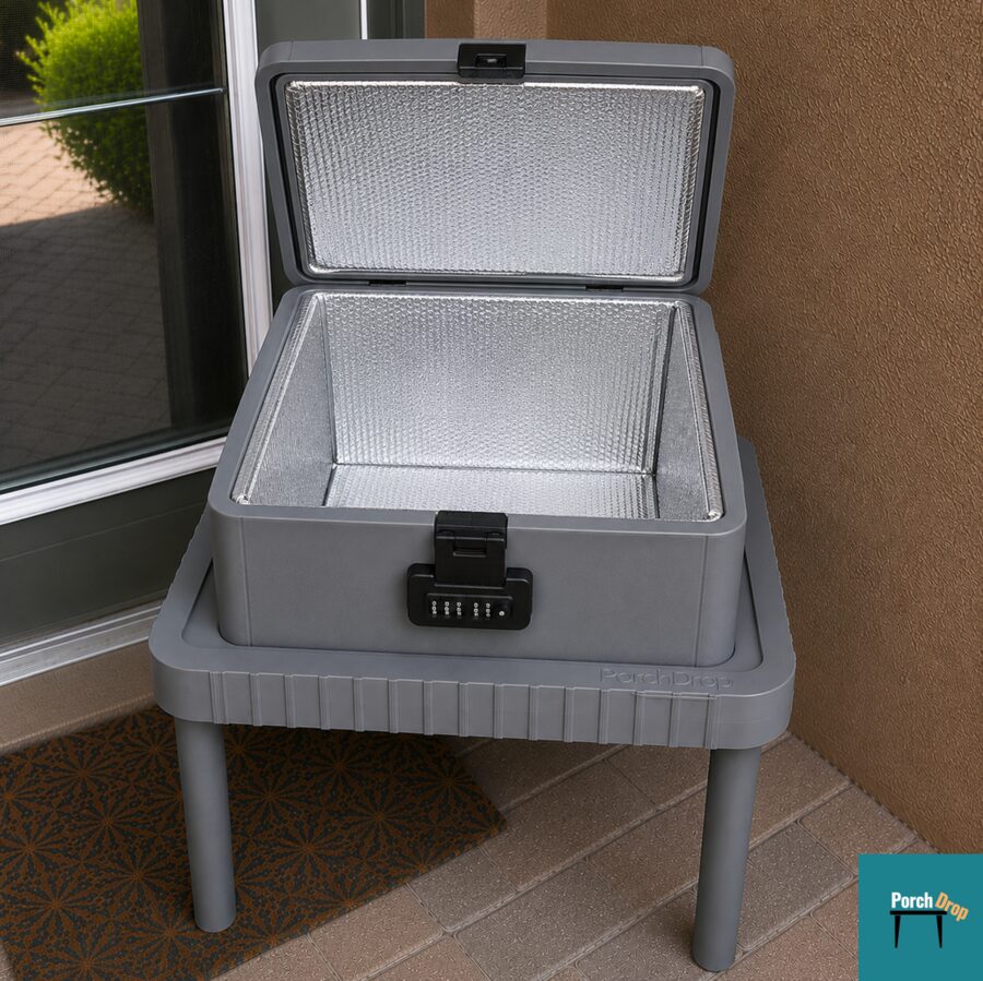 Insulated box with combination lock, sitting on top of the PorchDrop table