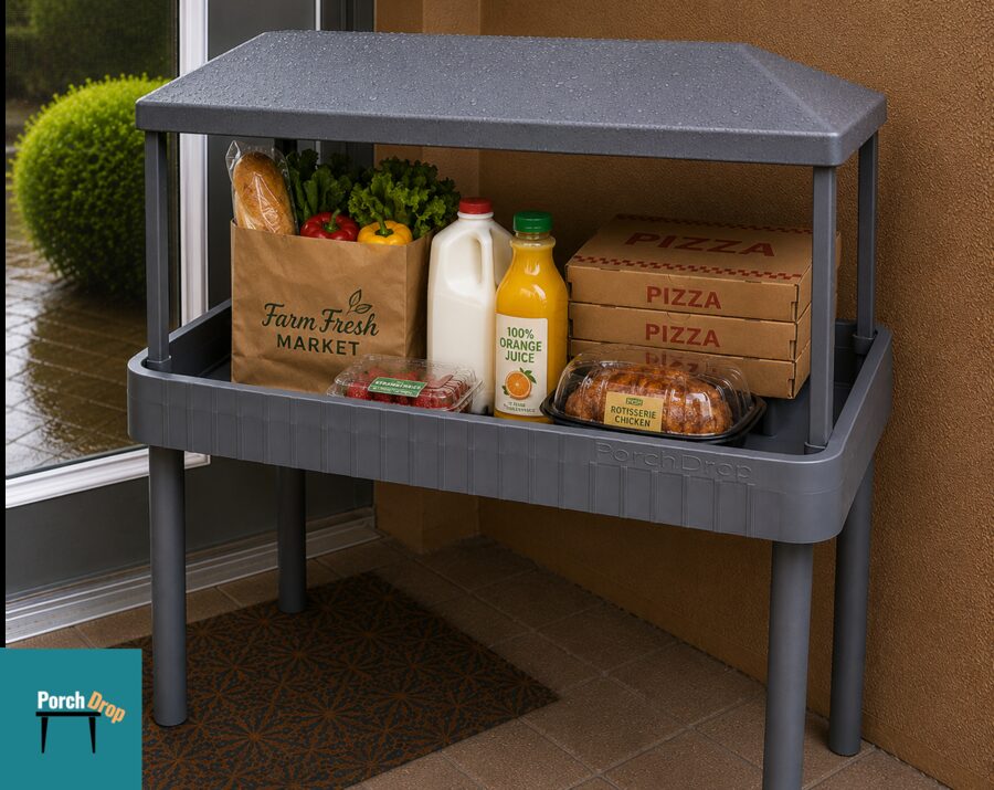 Rain hood concept over the PorchDrop table, keeping deliveries dry