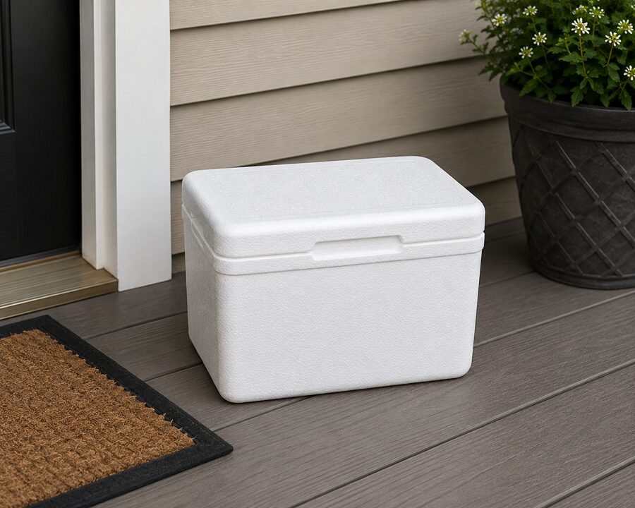 A styrofoam cooler sitting directly on the porch floor, used as a makeshift delivery surface