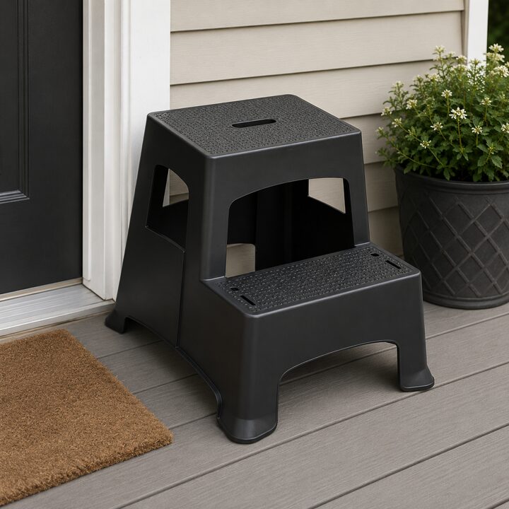 A step stool by the front door, the kind of workaround people use for deliveries