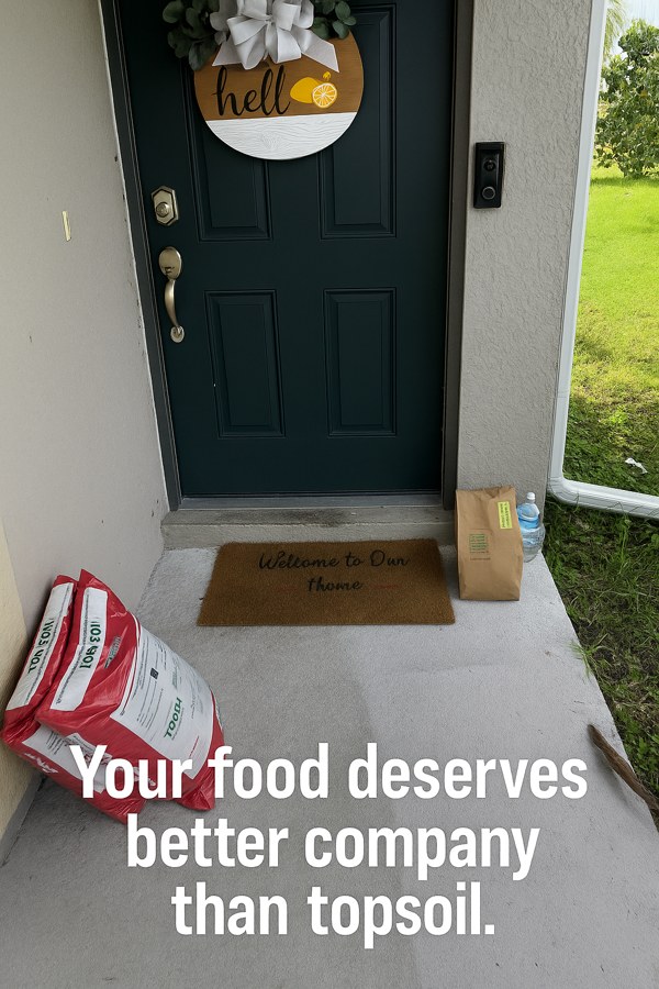 Meme reading Your food deserves better company than topsoil, next to bags of topsoil on a porch